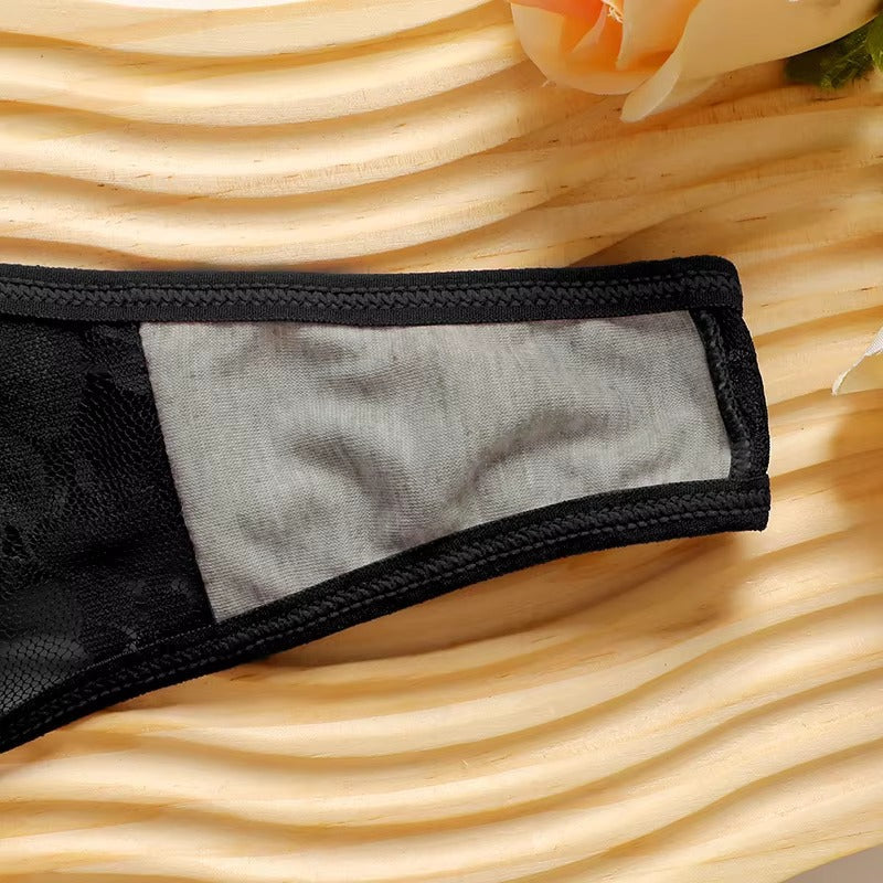 Flourish Sexy Floral Lace Underwear Set Backless Front Closure Bra And Mesh Thong Lingerie Set For Women