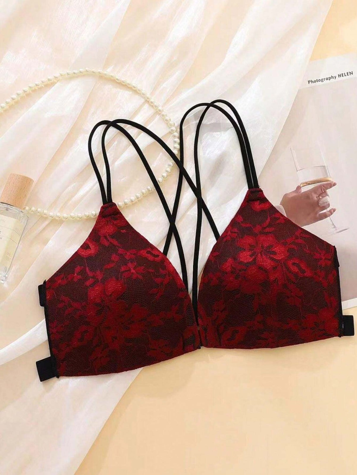 Flourish Sexy Floral Lace Underwear Set Backless Front Closure Bra And Mesh Thong Lingerie Set For Women