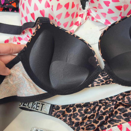 Victoria’s Secret Padded Bra & Panty Set – Heart & Cheetah Print Lingerie with Rhinestone Straps